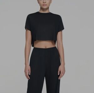 Skims Kim Sleep Cropped Crew Neck Top Shirt TP-PLO-6099W Onyx Size Small